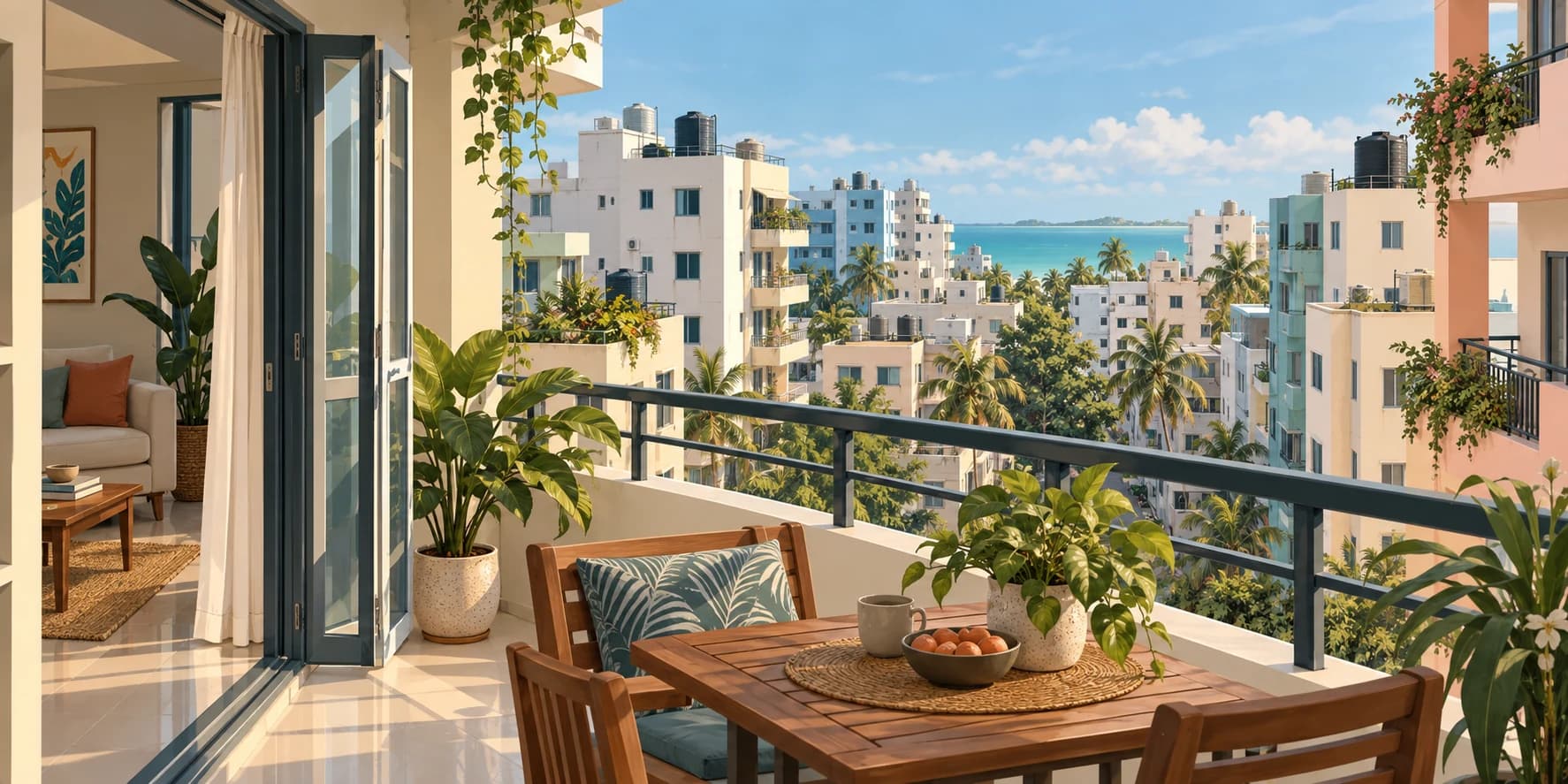 Compact urban island apartment balcony overlooking apartment buildings and the sea