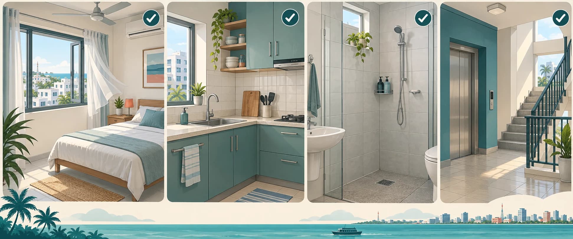 Four apartment areas to inspect: bedroom ventilation, kitchen taps, bathroom drainage and stairs or lift access